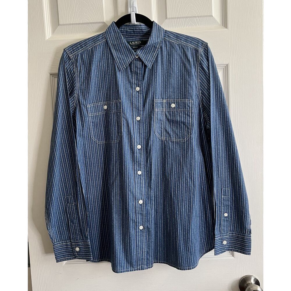 LAUREN RALPH LAUREN Women's Wabash Stripe Railroad Chambray Denim Button Shirt L